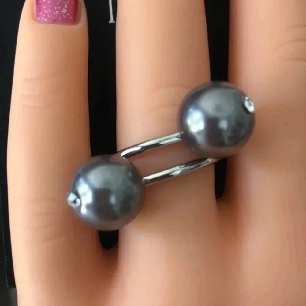 Size 8 Inc Double Gray Ball Adjustable Silver Stainless Steel Ring NWT
